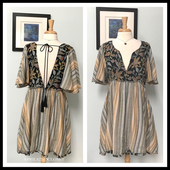 FREE PEOPLE BOHO BLACK PRINT MINI TUNIC DRESS A2C - Picture 3 of 8